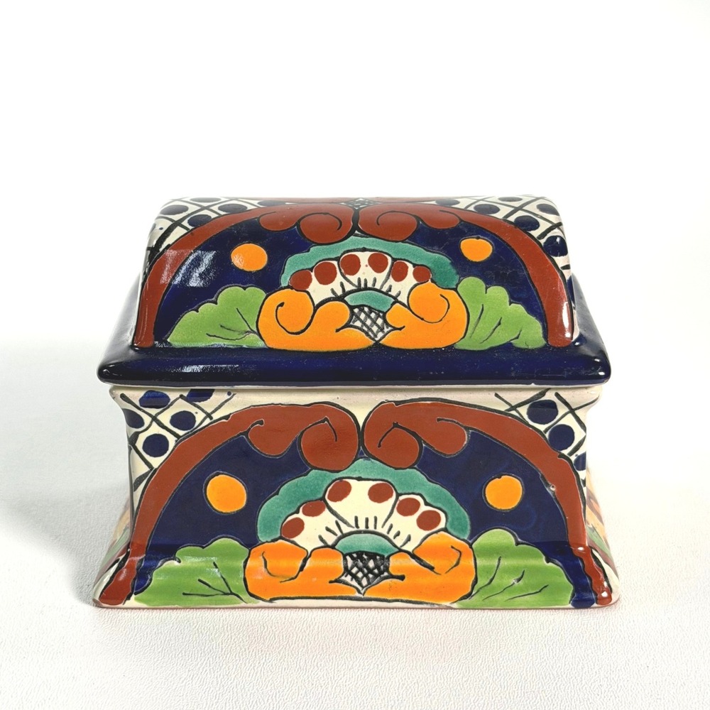 Vintage Talavera Trinket Box Small Multicolor Mexican Pottery Hand‎ Painted